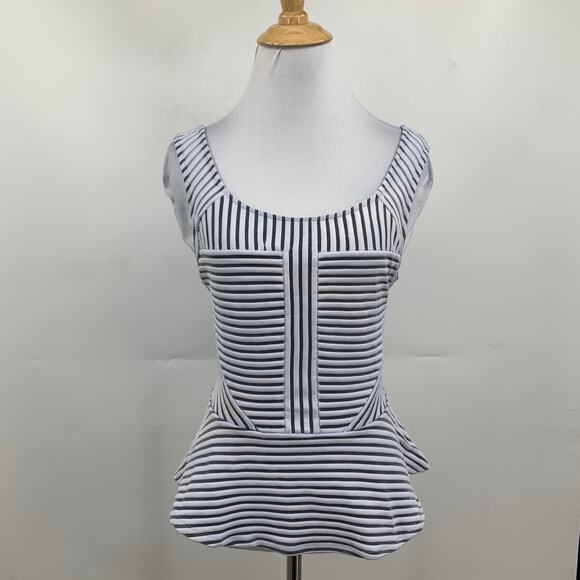 Bebe Top Womens M Medium Black White Striped Sleeveless Scoop Zip Back Peplum - Picture 2 of 13
